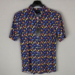 LOFT Navy Short-Sleeve Button-Down Shirt with Colorful Lure Print